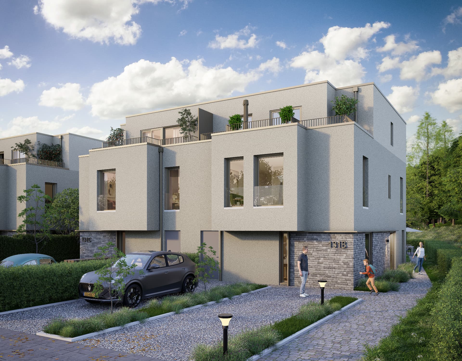 Rendu 3D des maisons bifamiliales contemporaines OLEYA à Leudelange